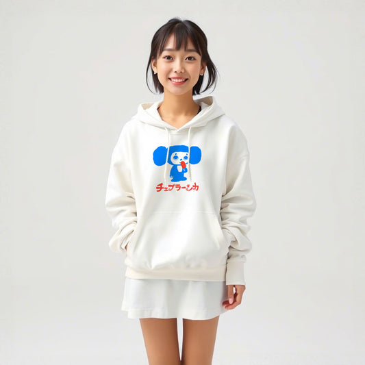 Cute japanese girl wearing unisex hoodie for men and women featuring Cheburashka with Eskimo ice cream and Japanese チェブラーシカ logo