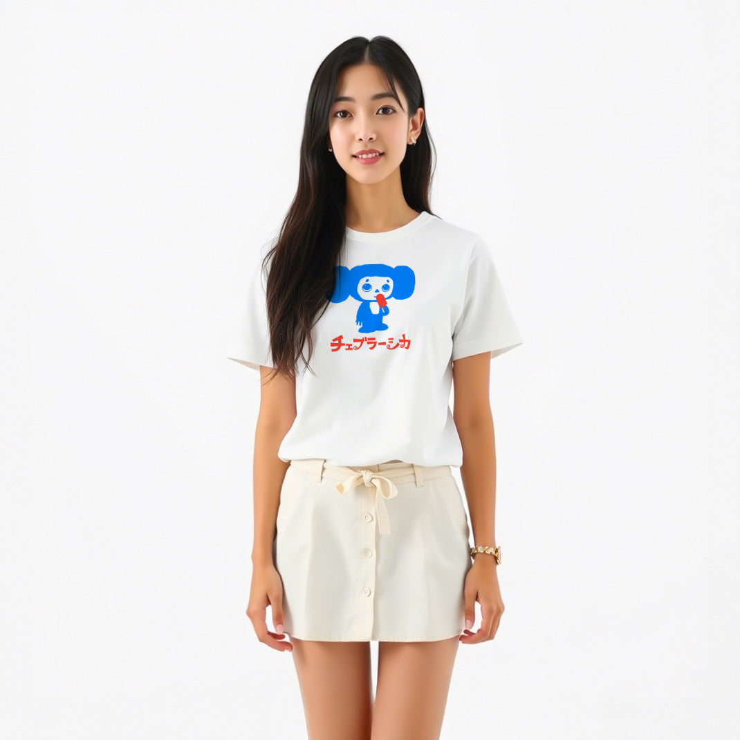 Cute japanese girl wearing unisex Cheburashka T-shirt for women and men with Japanese logo and ice cream bar design