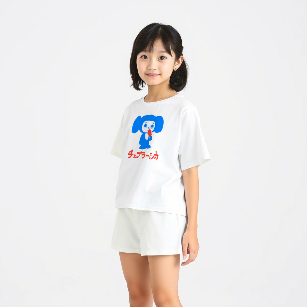 Cute japanese young girl wearing youth Cheburashka T-shirt with Eskimo ice cream and Japanese チェブラーシカ logo, Soviet cartoon character