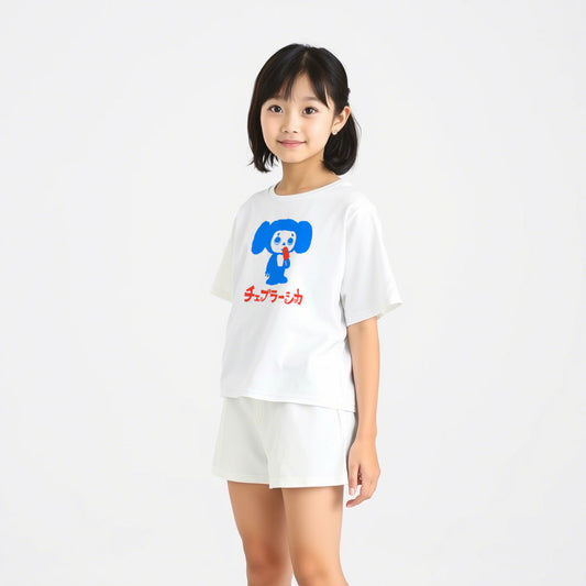 Cute japanese young girl wearing youth Cheburashka T-shirt with Eskimo ice cream and Japanese チェブラーシカ logo, Soviet cartoon character