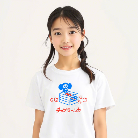 Cute japanese girl wearing youth white Cheburashka T-shirt with cartoon print of Cheburashka on box of oranges with Japanese チェブラーシカ logo.