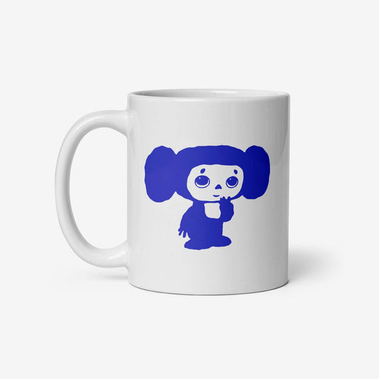 Ceramic mug featuring a shy Cheburashka, inspired by the classic Soviet cartoon, a nostalgic USSR collectible.
