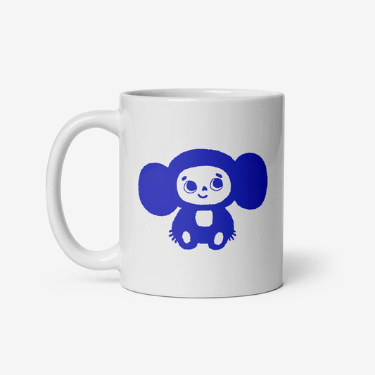 Ceramic mug with a smiling Cheburashka, inspired by the classic Soviet cartoon, a nostalgic USSR collectible.
