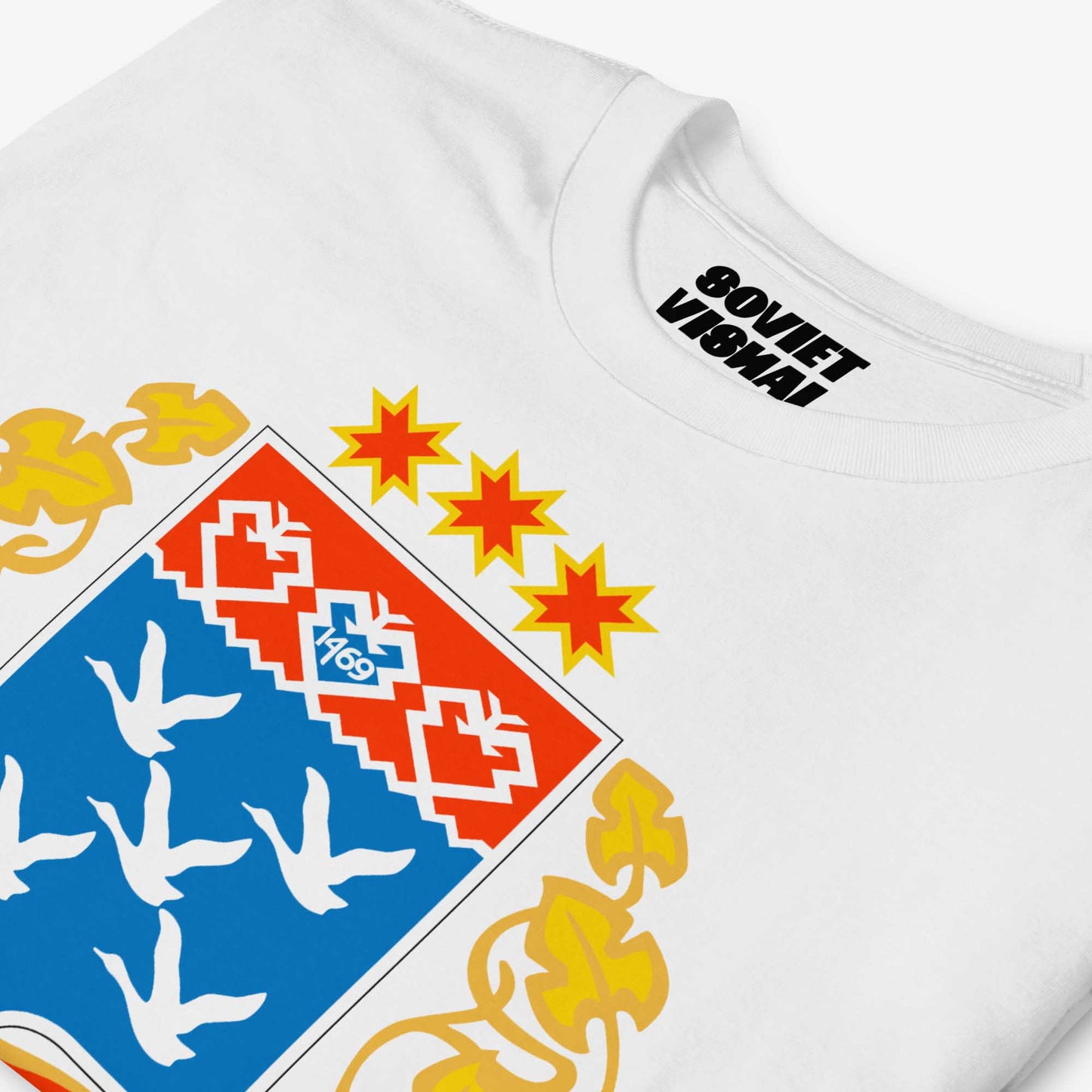 Chuvashia Coat of Arms T-Shirt featuring folkloric cranes and Cyrillic text "Шупашкар Чебоксары."