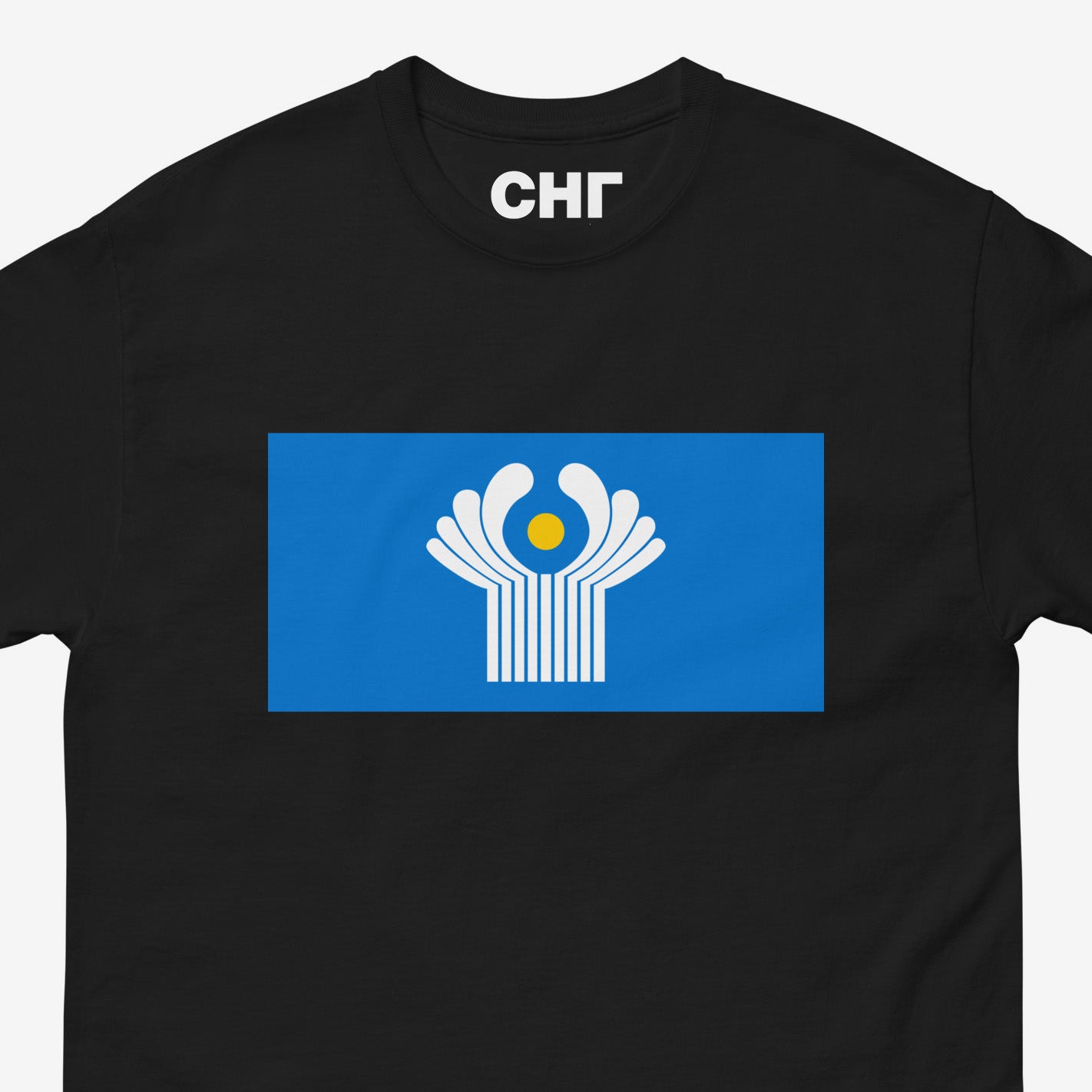 CIS postsoviet commonwealth flag t-shirt. closeup photo. From artsoviet.com