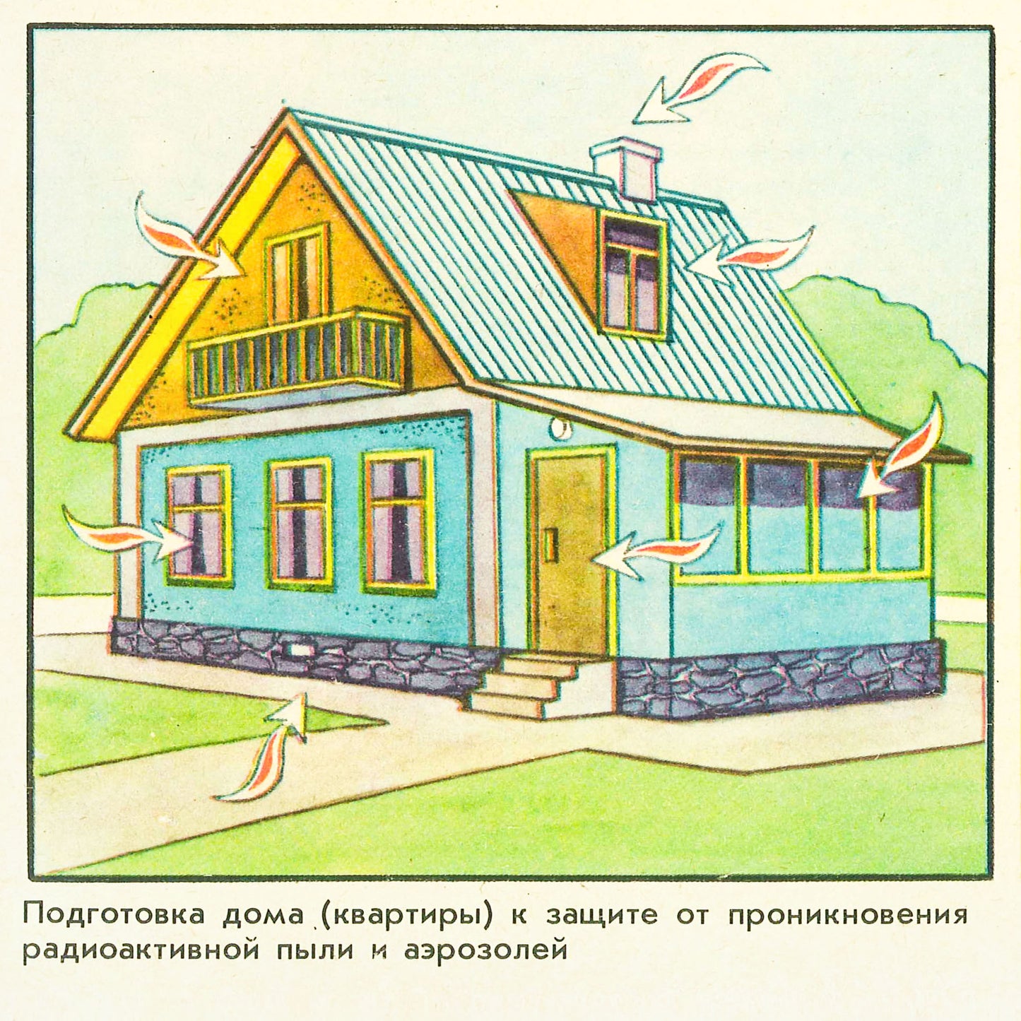 Authentic Soviet civil defence poster with nuclear survival instructions, Cold War-era USSR government-issued guide on home protection after a nuclear explosion, large-format print with detailed illustrations. Closeup photo