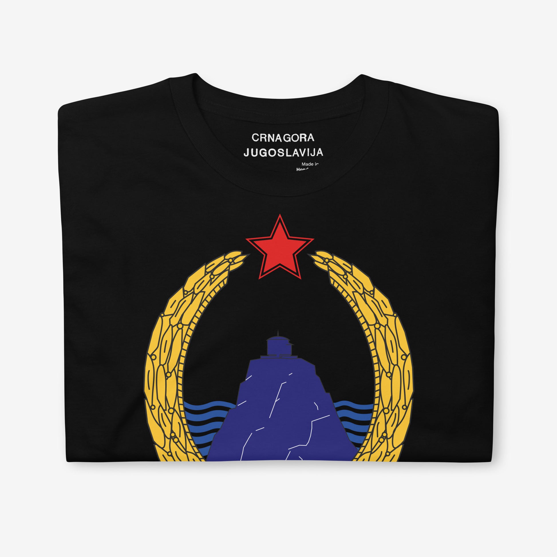 T-shirt featuring the Coat of Arms of the Socialist Republic of Montenegro (1963–1974).