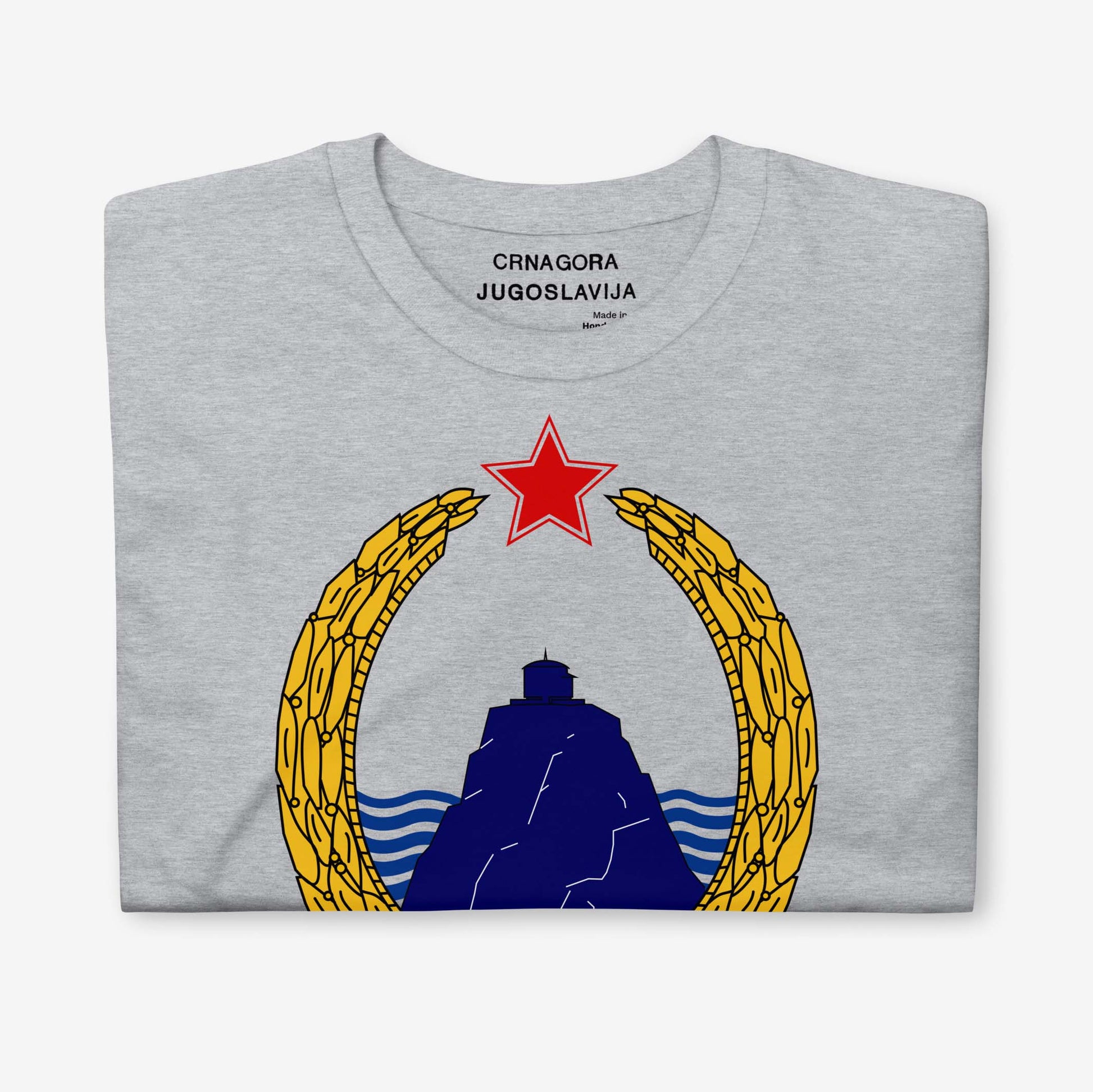 T-shirt featuring the Coat of Arms of the Socialist Republic of Montenegro (1963–1974).