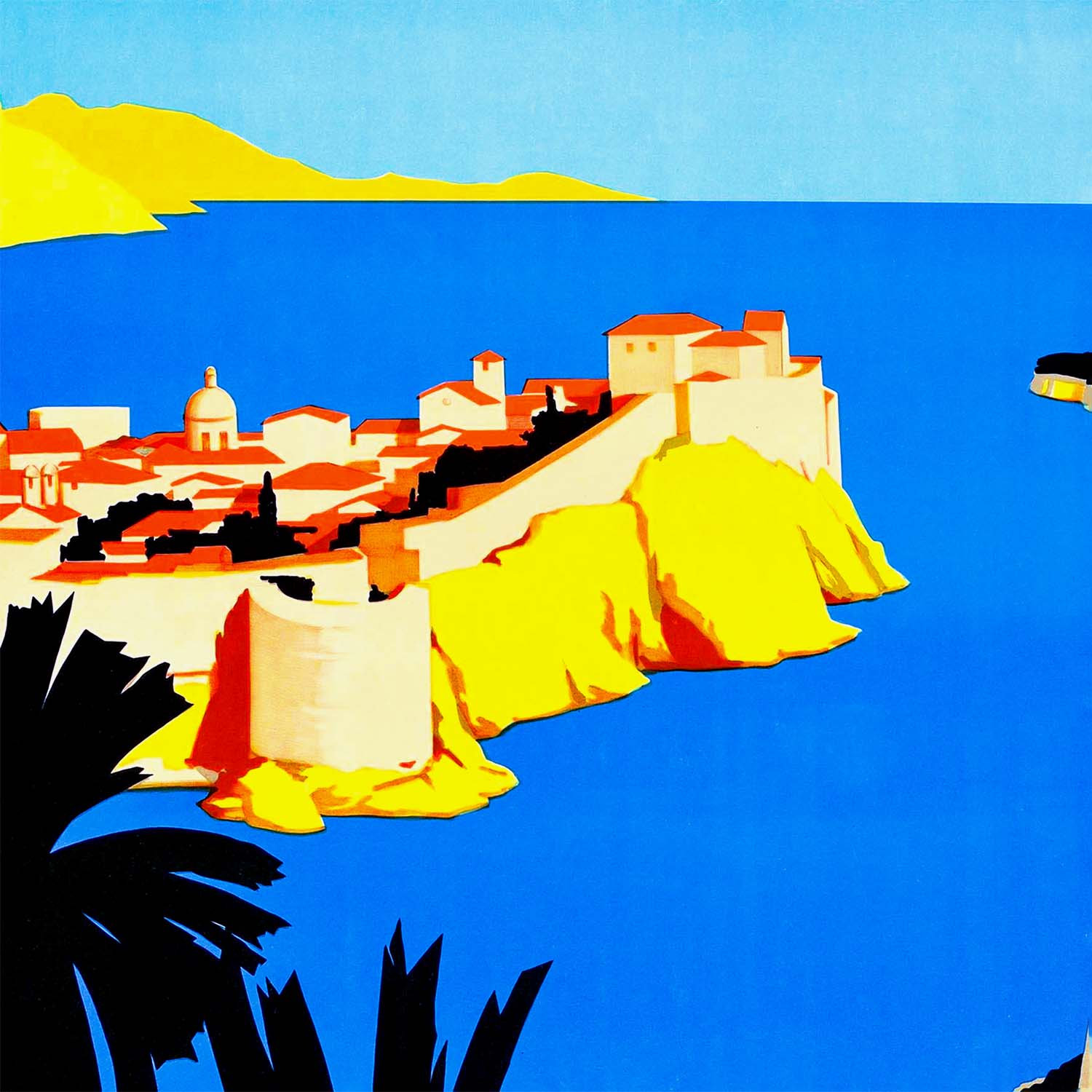 Vintage Yugoslav travel poster 'Dubrovnik – the gem of the Yugoslav Adriatic'. Bright colours and classic 20th-century print design.