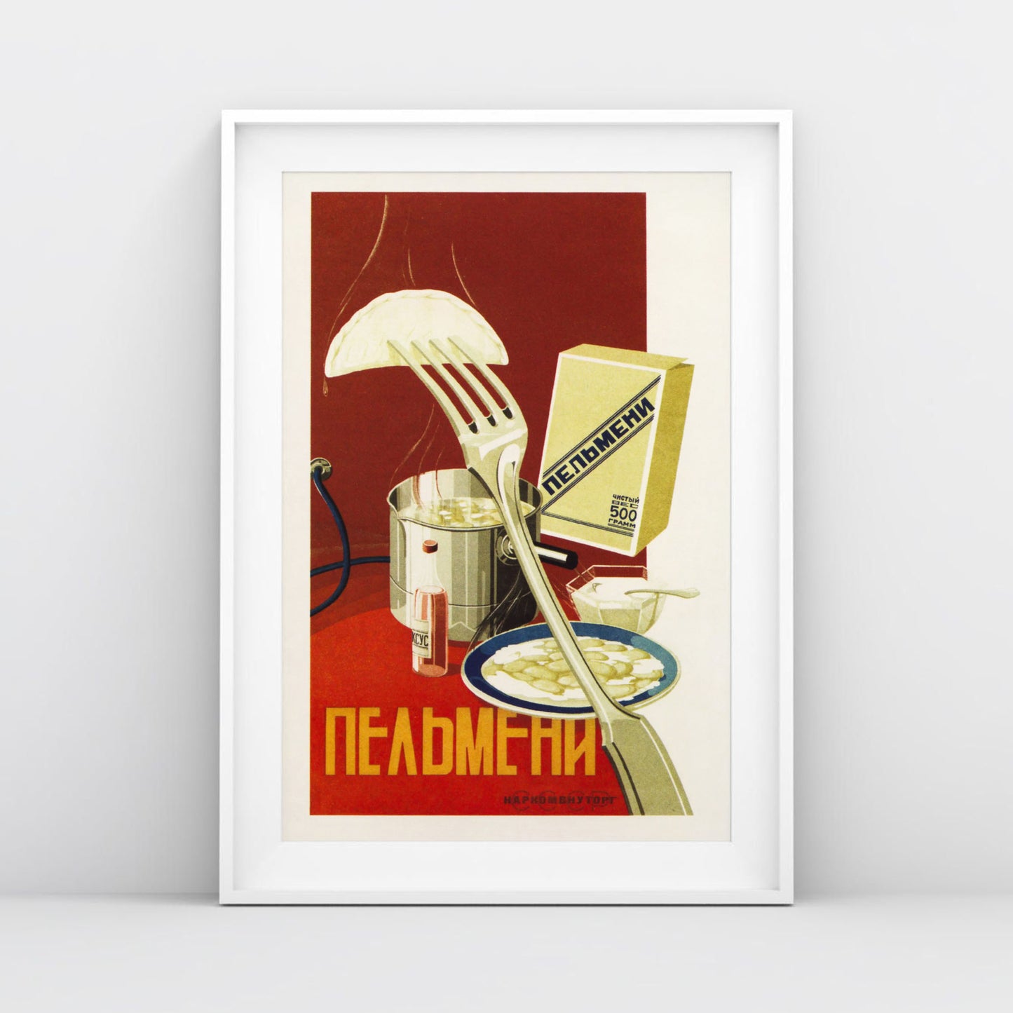 Front view of the Soviet dumplings poster, shot in a minimalist setting with natural lighting
