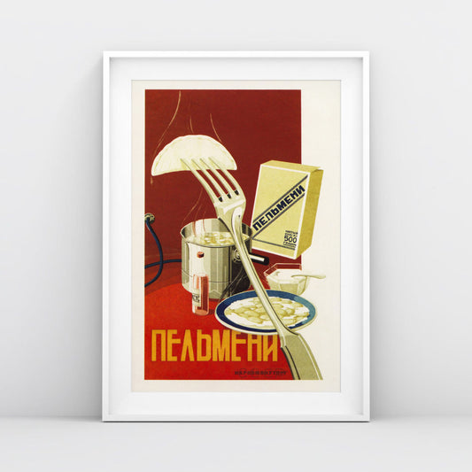 Front view of the Soviet dumplings poster, shot in a minimalist setting with natural lighting