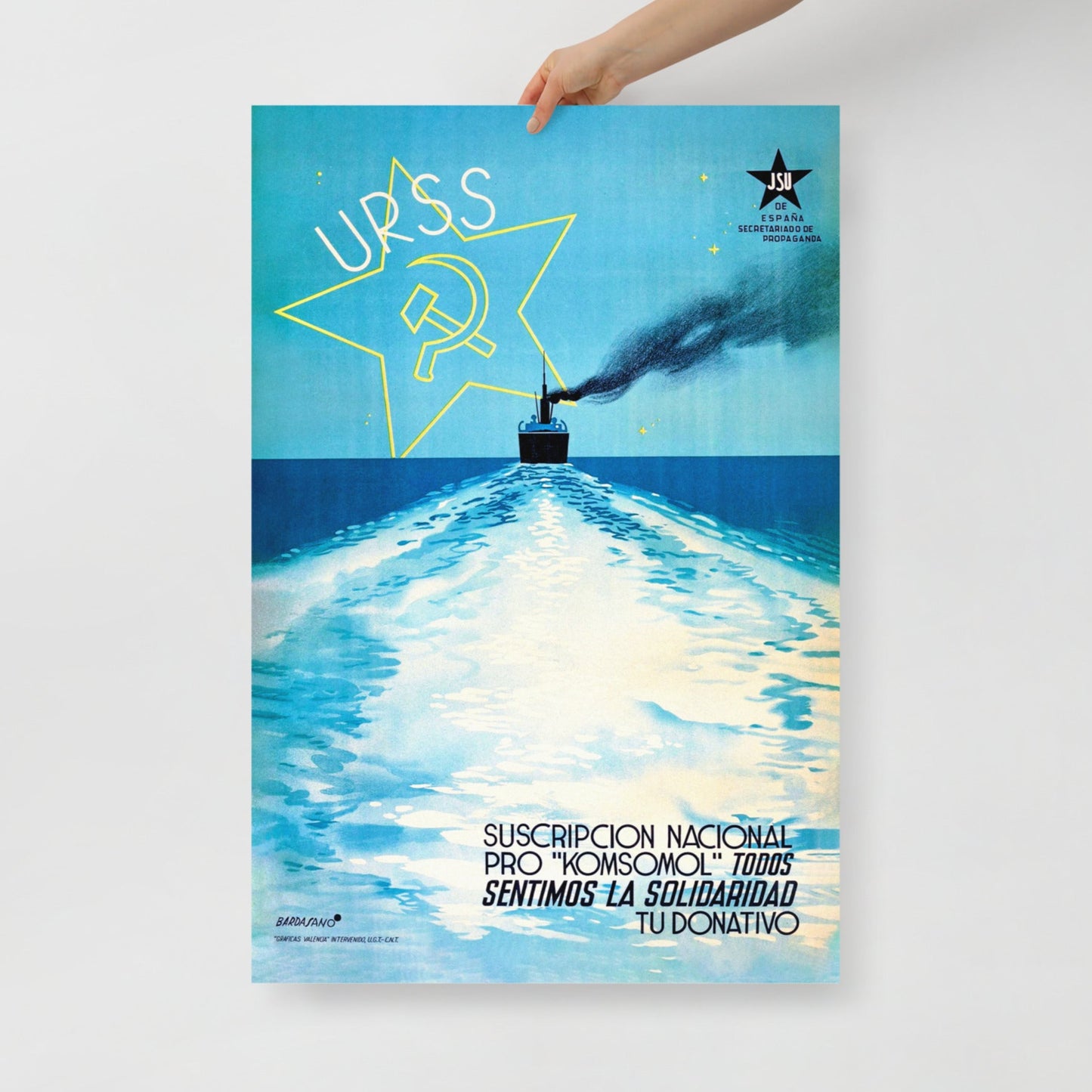Product mocOriginal vintage USSR Spain Komsomol solidarity poster with JCU star, URSS, steamer ship, and seakup