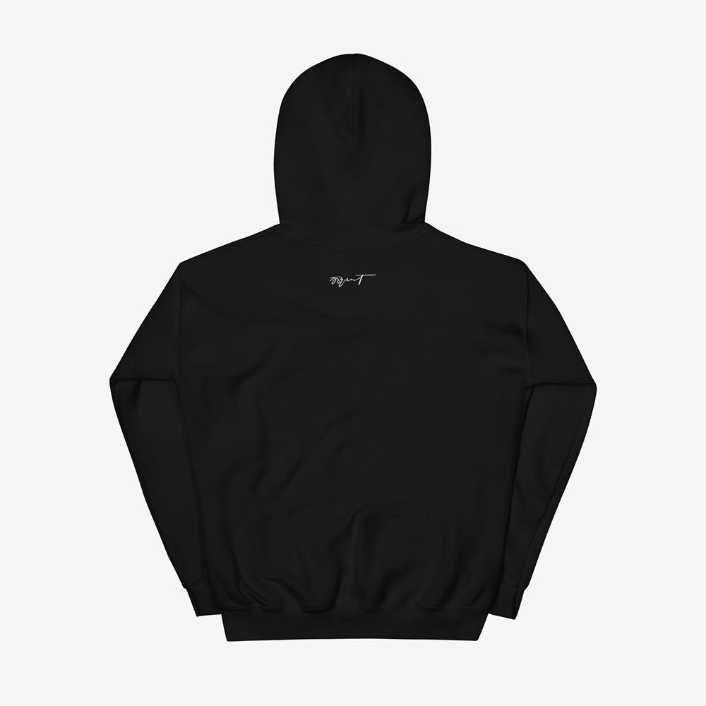 Unisex black hoodie featuring Erik Bulatov’s artwork “Black Evening, White Snow” from the “Вот” series. Back side with signature