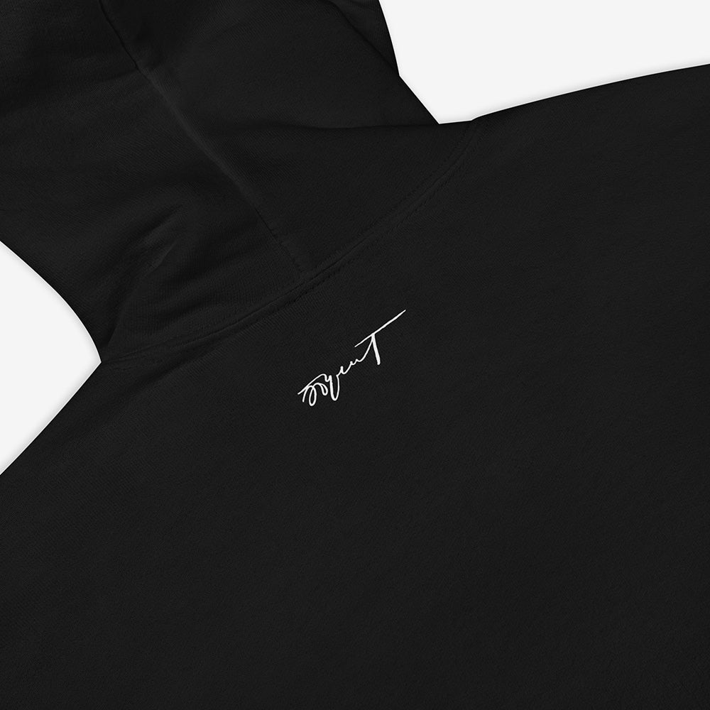 Unisex black hoodie featuring Erik Bulatov’s artwork “Black Evening, White Snow” from the “Вот” series. Back side with signature