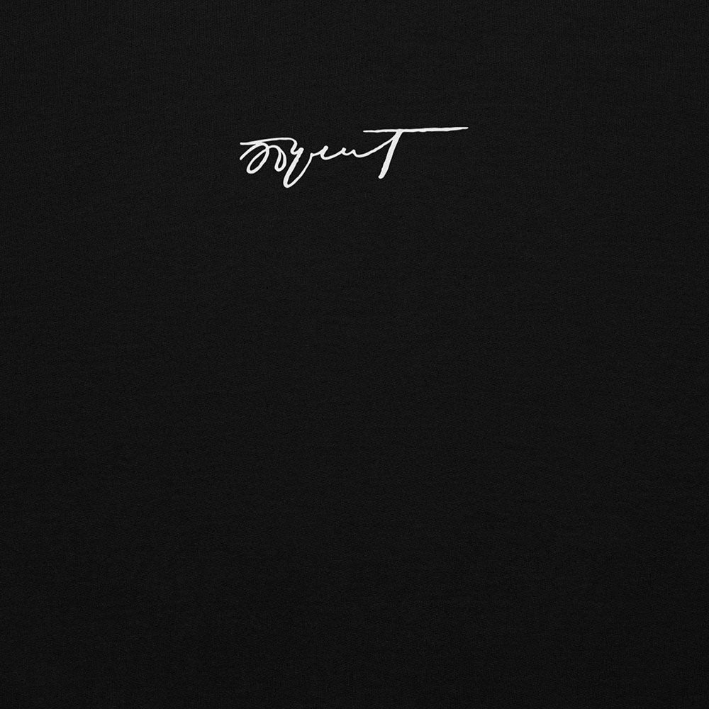 Black unisex sweatshirt featuring Erik Bulatov’s 1999 artwork Black Evening, White Snow from the “Вот” series. Large bw print on the front and small Erik Bulatov signature on the back neck side. Closeup photo.