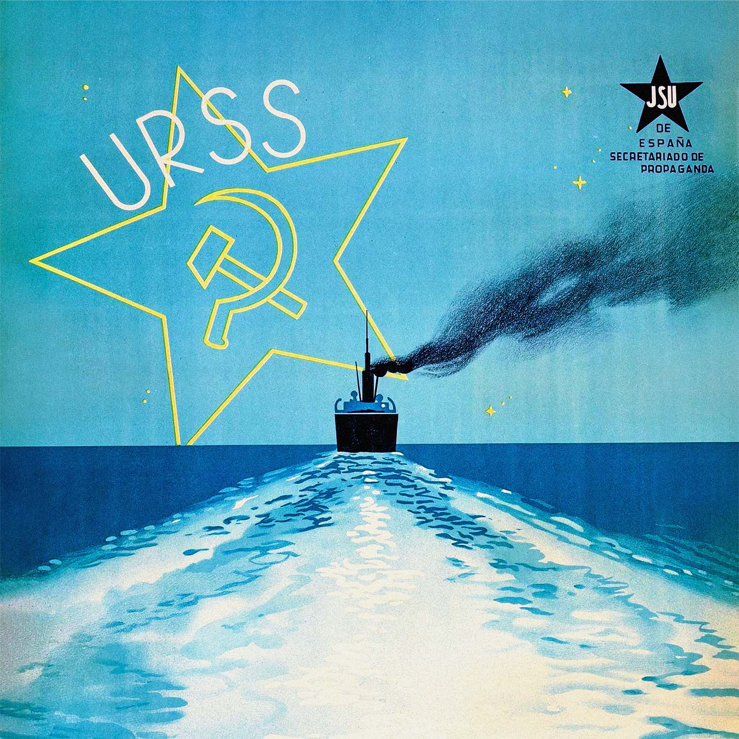 Original vintage USSR Spain Komsomol solidarity poster with JCU star, URSS, steamer ship, and sea