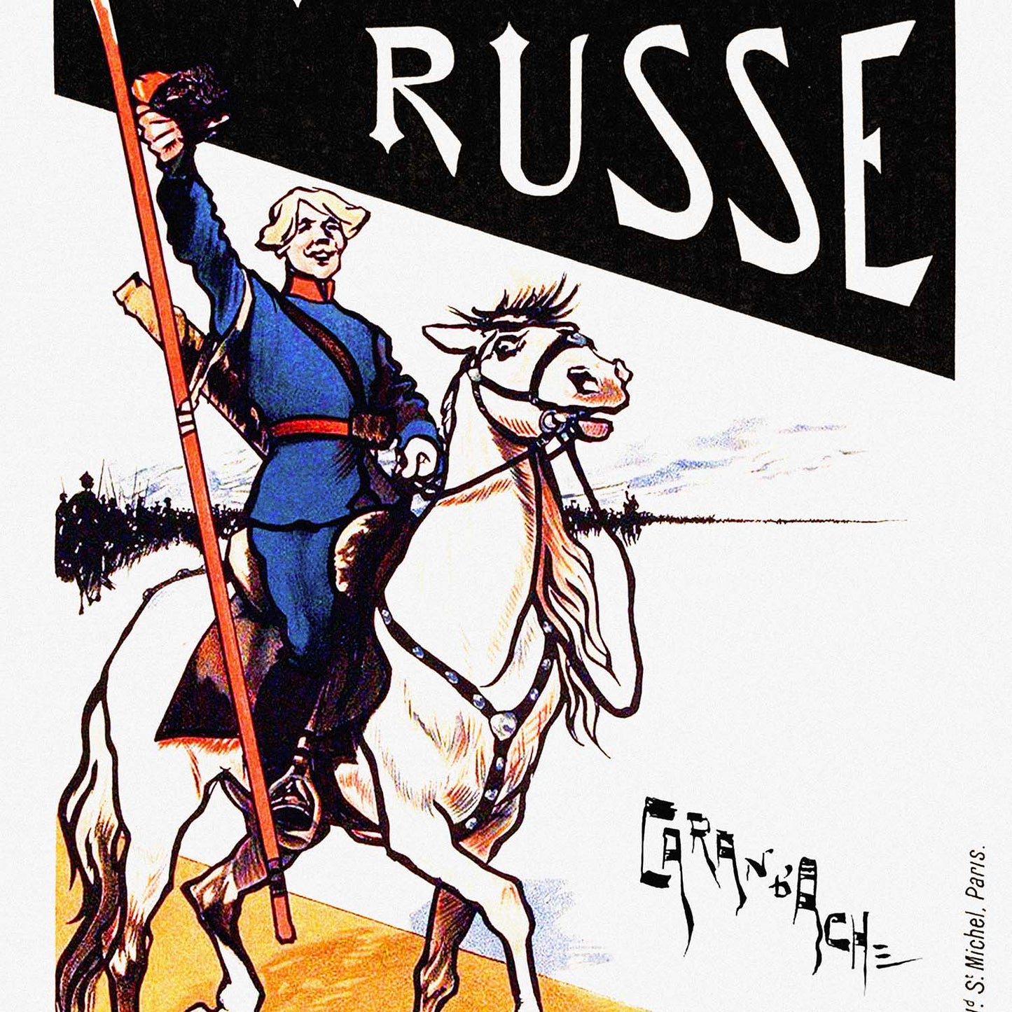 1897 Russian exhibition pre Soviet poster – white horse rider, Maitres de l’Affiche