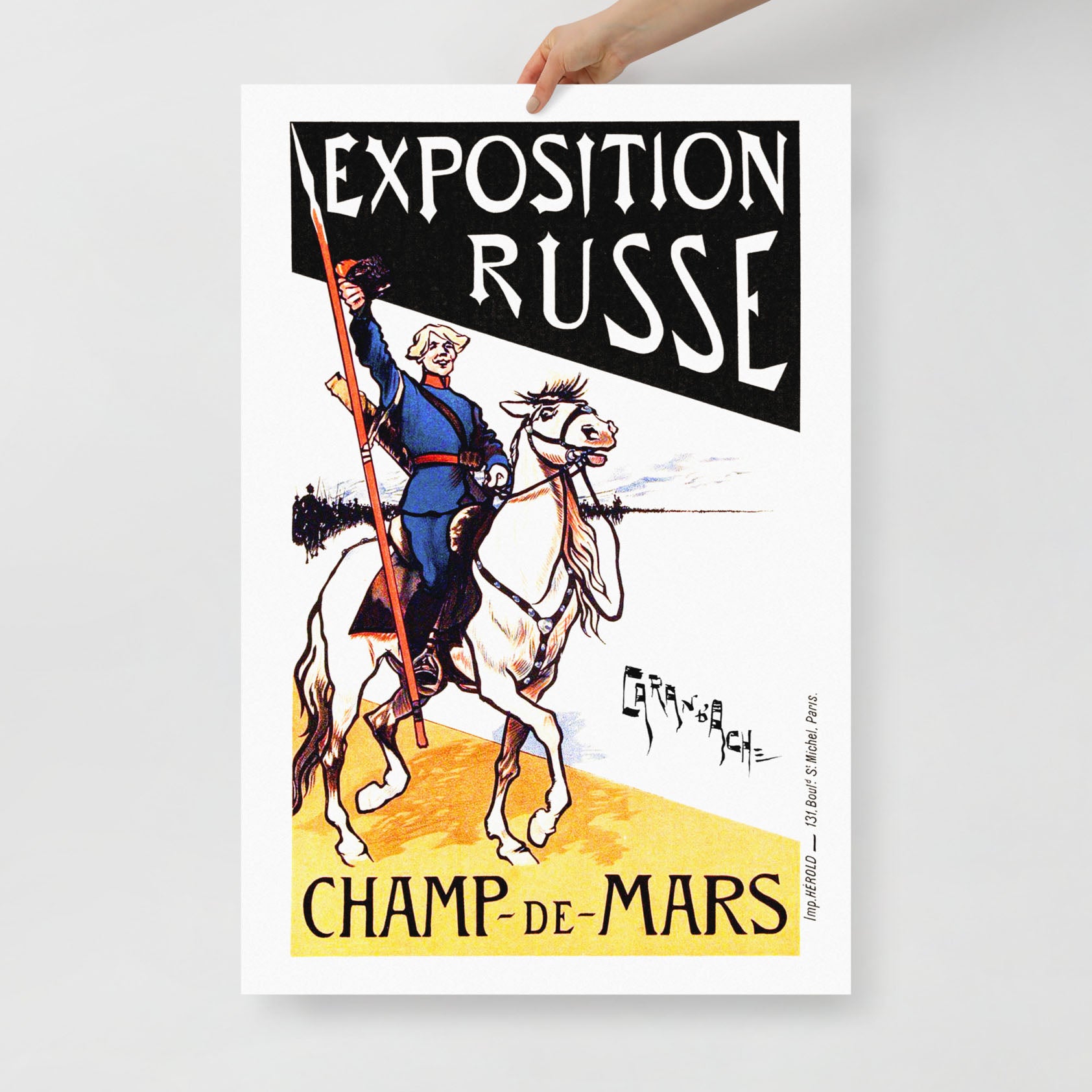 1897 Russian exhibition pre Soviet poster – white horse rider, Maitres de l’Affiche