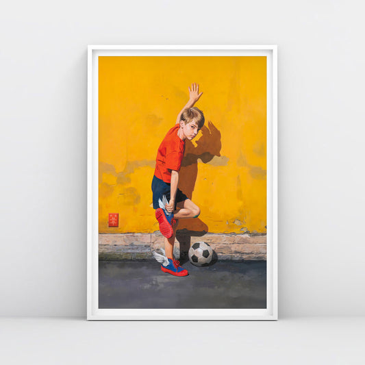 Large poster of Soviet schoolboy fixing Два Мяча trainers by yellow transformer booth wall, with subtle Hermes allegory in winged shoes