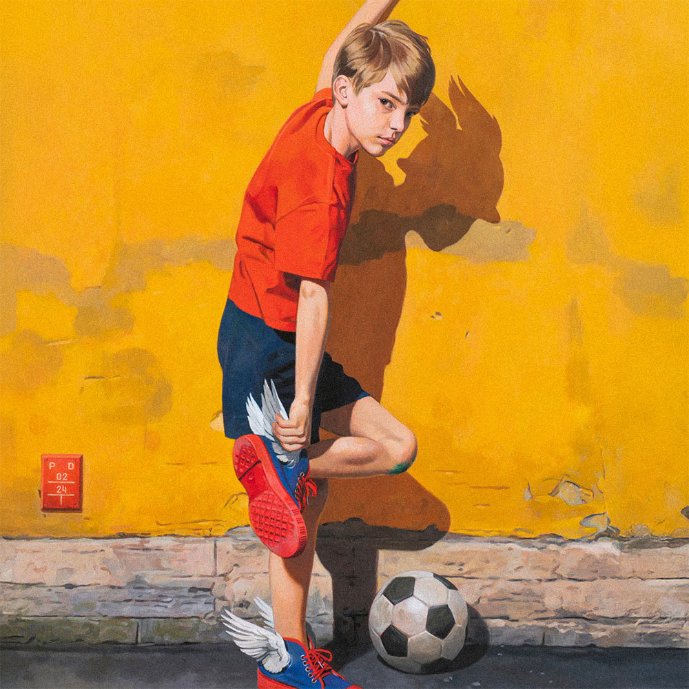Large poster of Soviet schoolboy fixing Два Мяча trainers by yellow transformer booth wall, with subtle Hermes allegory in winged shoes