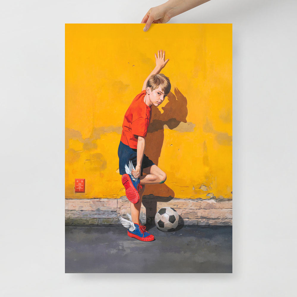 Large poster of Soviet schoolboy fixing Два Мяча trainers by yellow transformer booth wall, with subtle Hermes allegory in winged shoes
