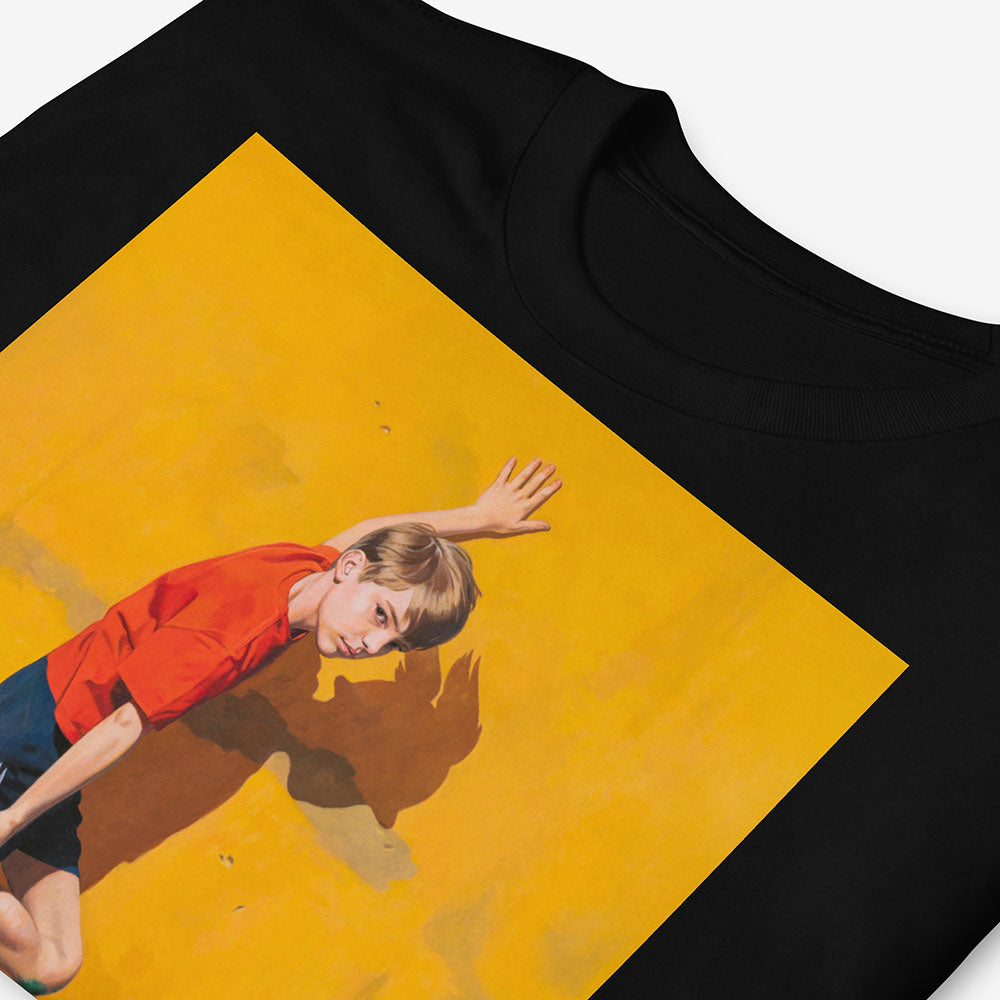 Unisex T-shirt with Soviet schoolboy fixing winged кеды Два Мяча trainers beside electrical transformer booth, Hermes-inspired USSR childhood football scene