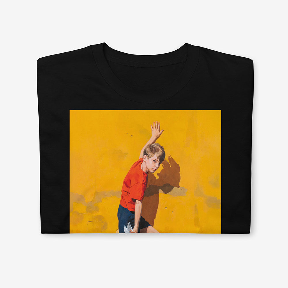 Unisex T-shirt with Soviet schoolboy fixing winged кеды Два Мяча trainers beside electrical transformer booth, Hermes-inspired USSR childhood football scene