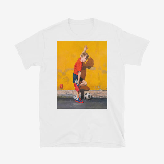 Unisex T-shirt with Soviet schoolboy fixing winged кеды Два Мяча trainers beside electrical transformer booth, Hermes-inspired USSR childhood football scene