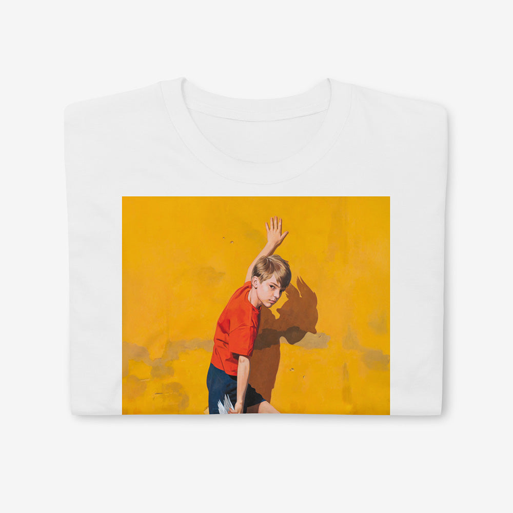 Unisex T-shirt with Soviet schoolboy fixing winged кеды Два Мяча trainers beside electrical transformer booth, Hermes-inspired USSR childhood football scene