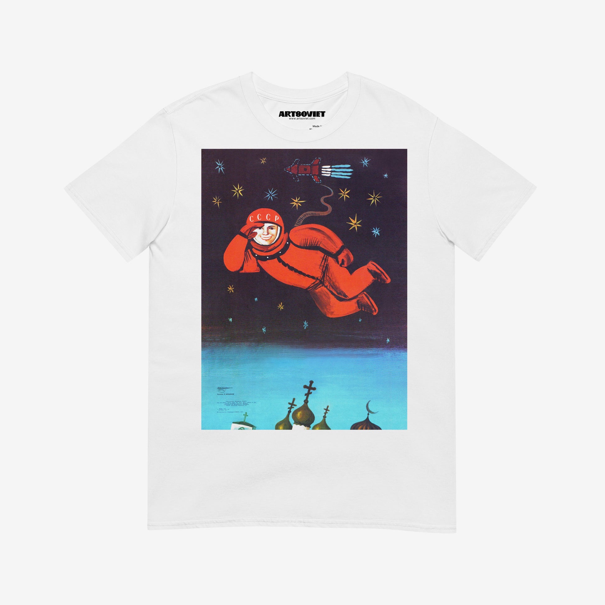White unisex tee with Yuri Gagarin flying above churches. Iconic Soviet propaganda art. www.artsoviet.com