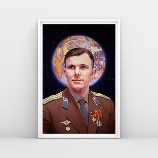 Poster of Yuri Gagarin in uniform with medals, Earth forming a halo behind his head, icon-like Soviet space art in cosmic background