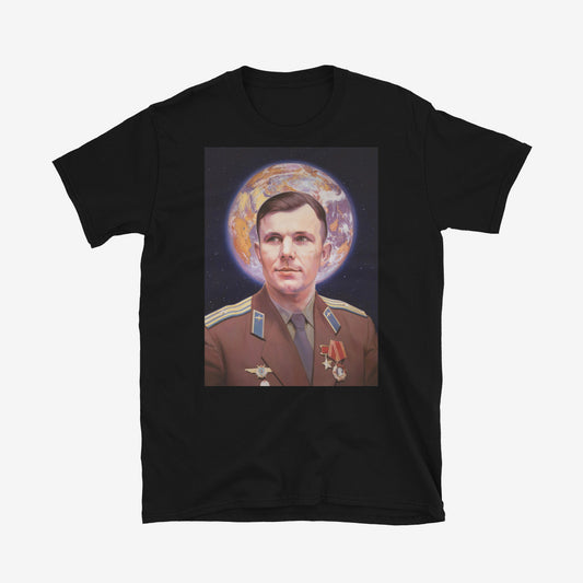 T-shirt with Yuri Gagarin in medals, Earth halo behind head, Soviet space icon design with Orthodox inspiration