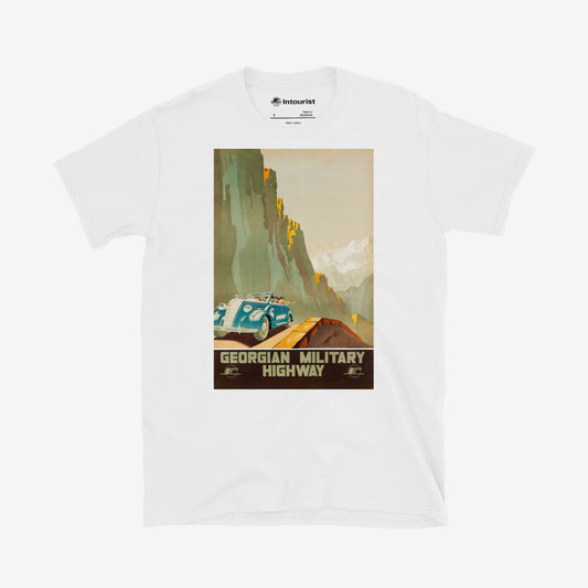 Georgian Military Highway T-shirt by Zhitomirsky, 1939 Soviet poster art print on unisex cotton shirt