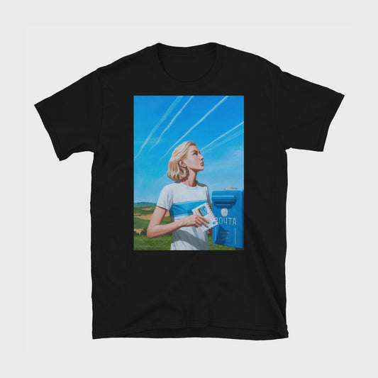 Unisex T-shirt with Soviet girl with letter to Leningrad, next to blue postbox, sky trails above, green village field – sensual and nostalgic artwork