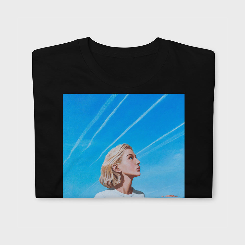 Unisex T-shirt with Soviet girl with letter to Leningrad, next to blue postbox, sky trails above, green village field – sensual and nostalgic artwork