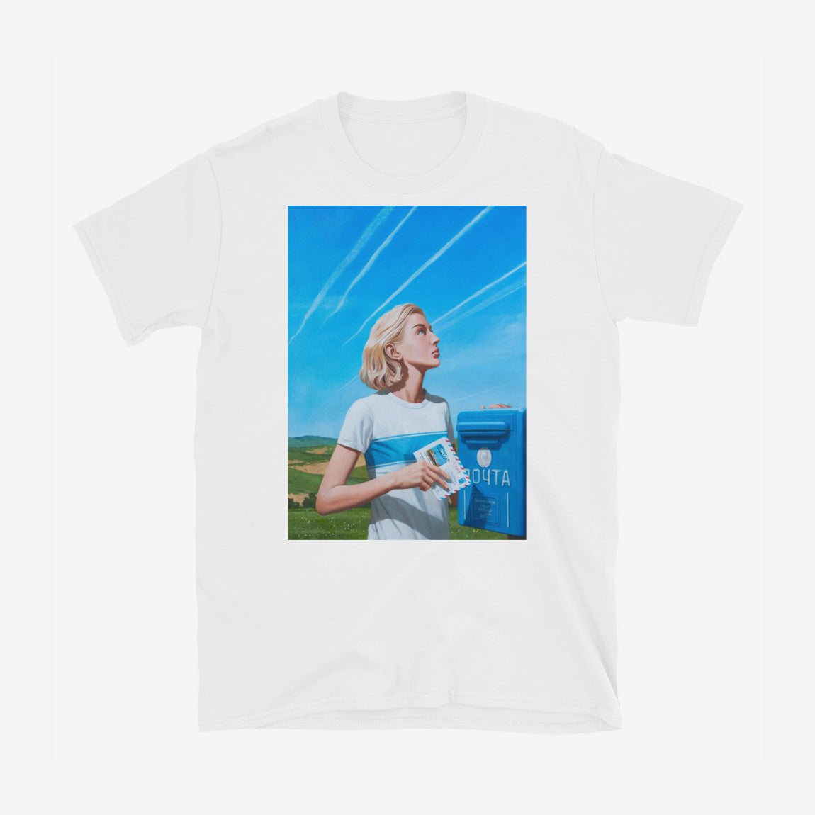 Unisex T-shirt with Soviet girl with letter to Leningrad, next to blue postbox, sky trails above, green village field – sensual and nostalgic artwork