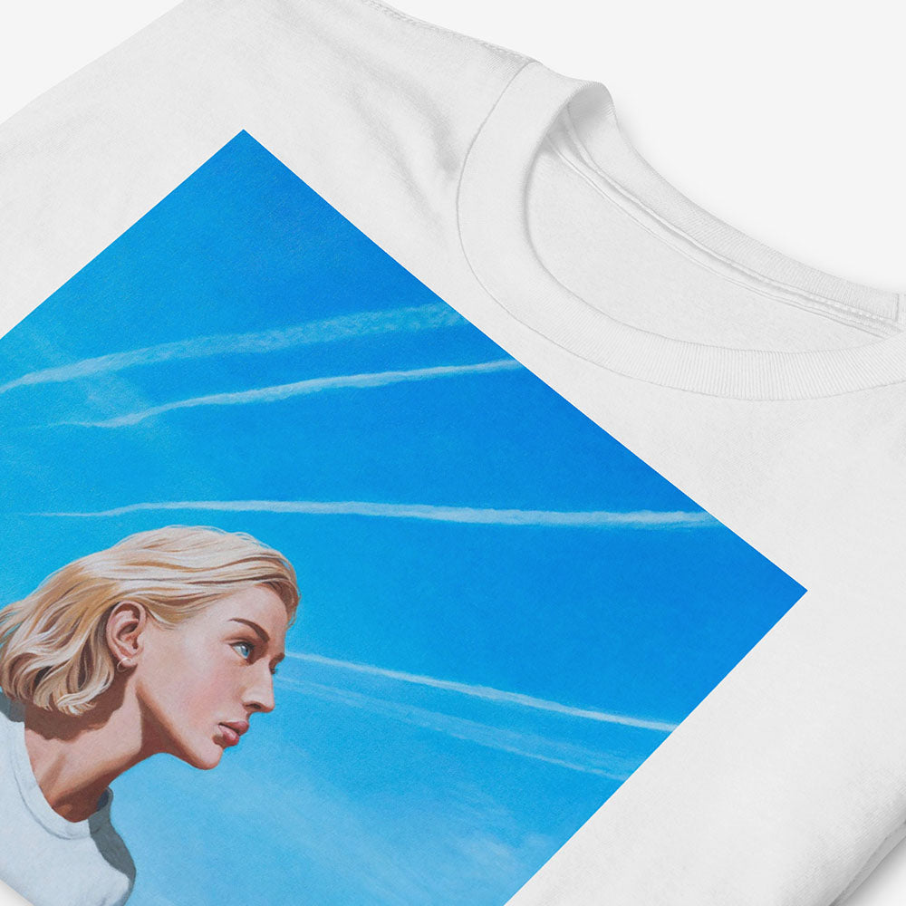 Unisex T-shirt with Soviet girl with letter to Leningrad, next to blue postbox, sky trails above, green village field – sensual and nostalgic artwork