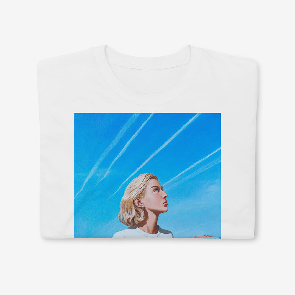 Unisex T-shirt with Soviet girl with letter to Leningrad, next to blue postbox, sky trails above, green village field – sensual and nostalgic artwork