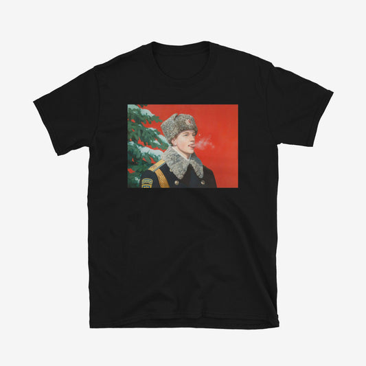 Kremlin Regiment T-shirt with Russian presidential guard boy in uniform catching snowflake on tongue at Red Square