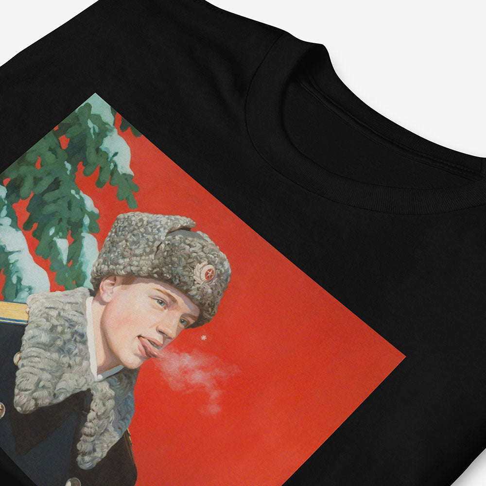 Kremlin Regiment T-shirt with Russian presidential guard boy in uniform catching snowflake on tongue at Red Square