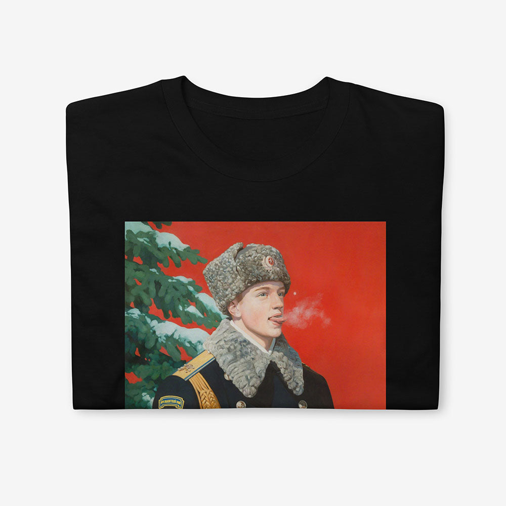 Kremlin Regiment T-shirt with Russian presidential guard boy in uniform catching snowflake on tongue at Red Square