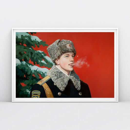 Poster with young Soviet presidential guard boy catching snowflake on tongue – nostalgic USSR winter scene