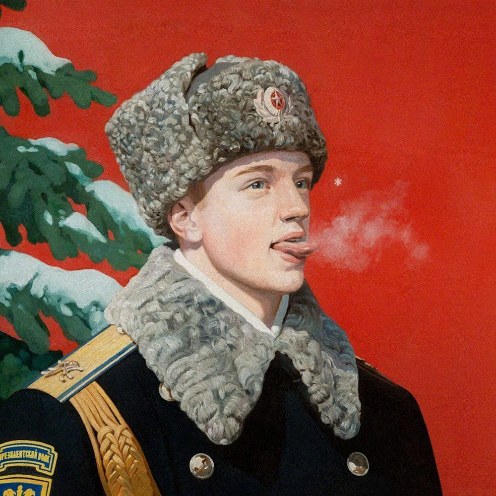 Poster with young Soviet presidential guard boy catching snowflake on tongue – nostalgic USSR winter scene