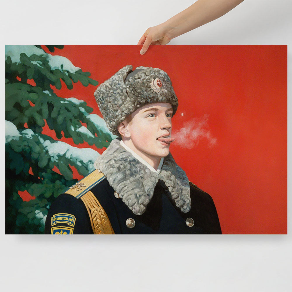 Poster with young Soviet presidential guard boy catching snowflake on tongue – nostalgic USSR winter scene