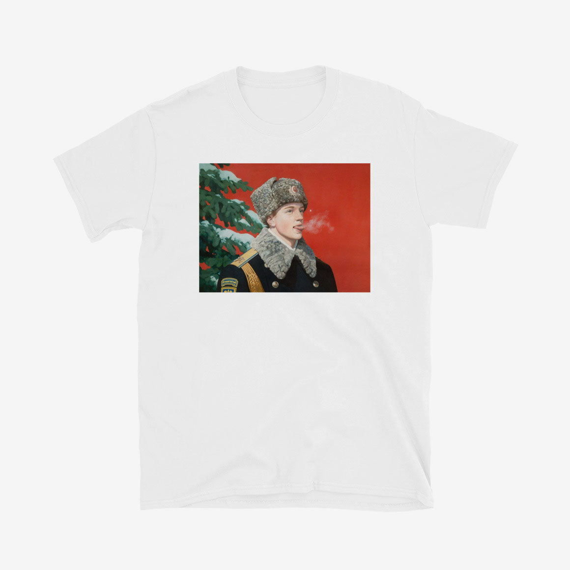 Kremlin Regiment T-shirt with Russian presidential guard boy in uniform catching snowflake on tongue at Red Square