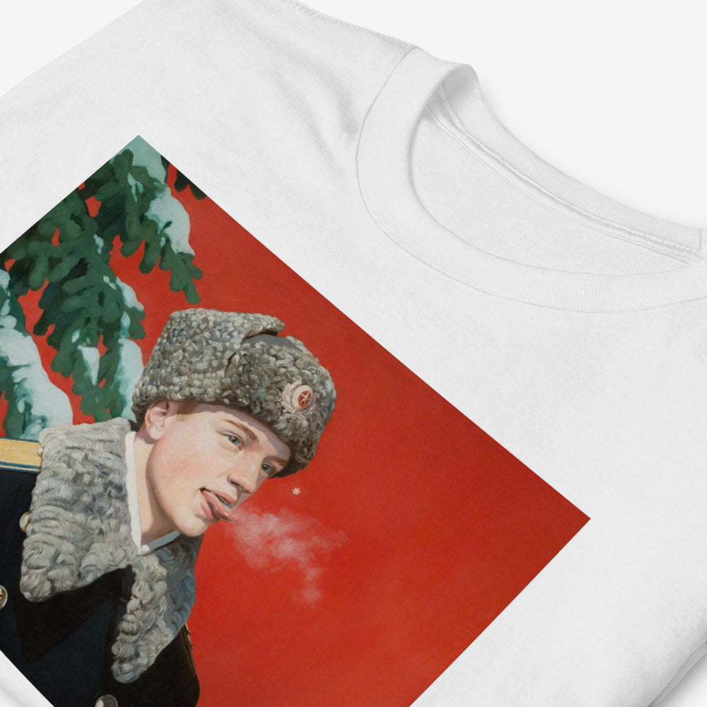Kremlin Regiment T-shirt with Russian presidential guard boy in uniform catching snowflake on tongue at Red Square