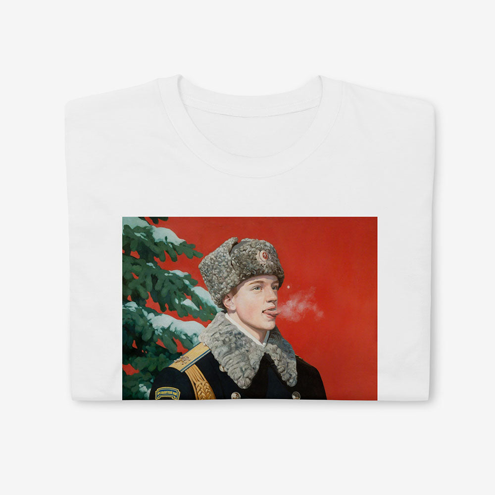 Kremlin Regiment T-shirt with Russian presidential guard boy in uniform catching snowflake on tongue at Red Square