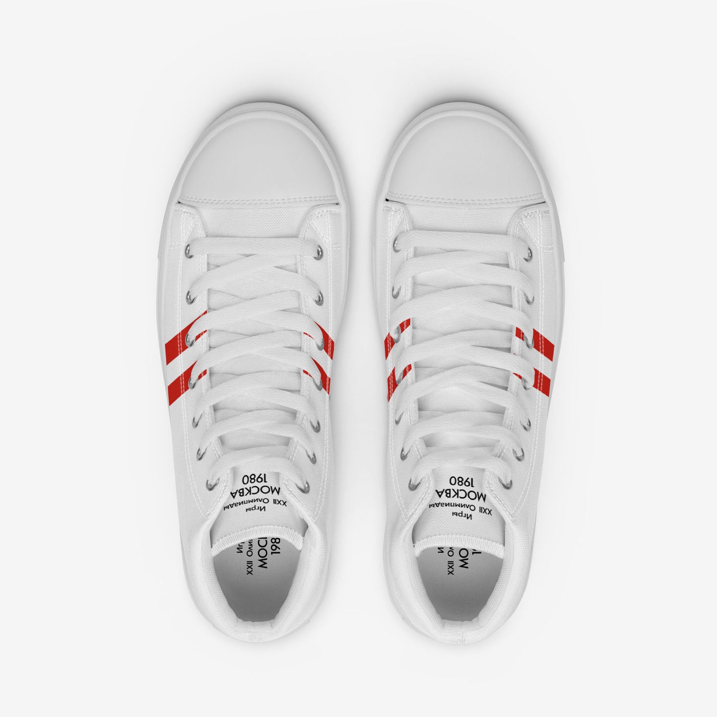 Moscow 1980 Olympic Games high-top shoes with vintage red graphics on white canvas, featuring the Olympic emblem and retro stripes. Top view. www.artsoviet.com