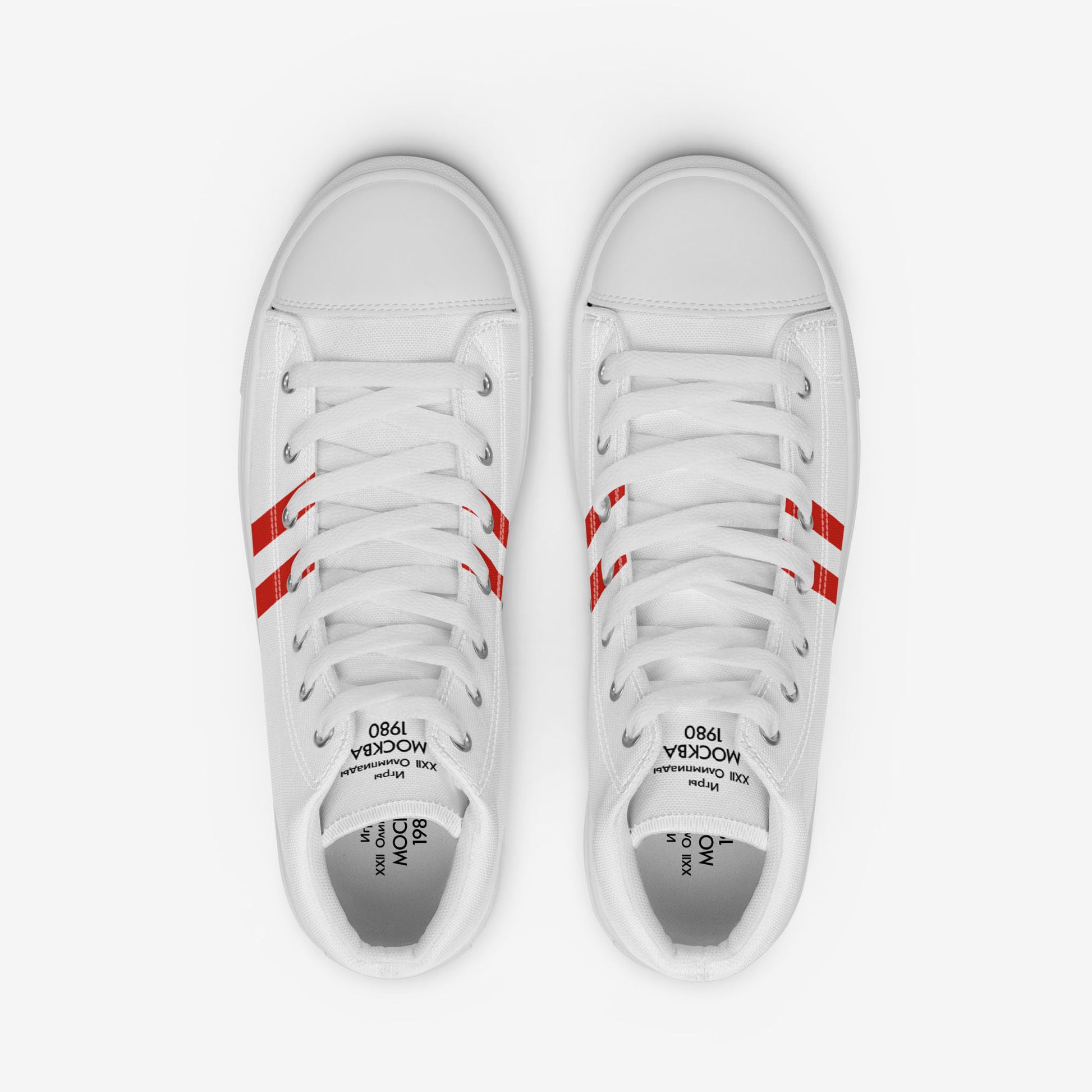 Moscow 1980 Olympic Games high-top shoes with vintage red graphics on white canvas, featuring the Olympic emblem and retro stripes. Top view. www.artsoviet.com