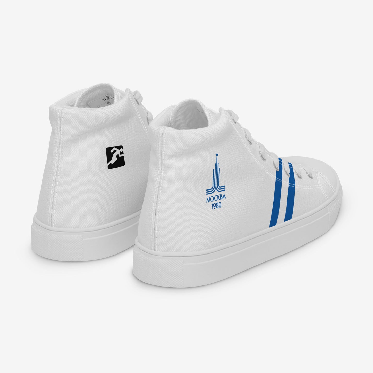 Moscow 1980 Olympic Games high-top shoes with vintage navy graphics on white canvas, featuring the Olympic emblem and retro stripes. www.artsoviet.com